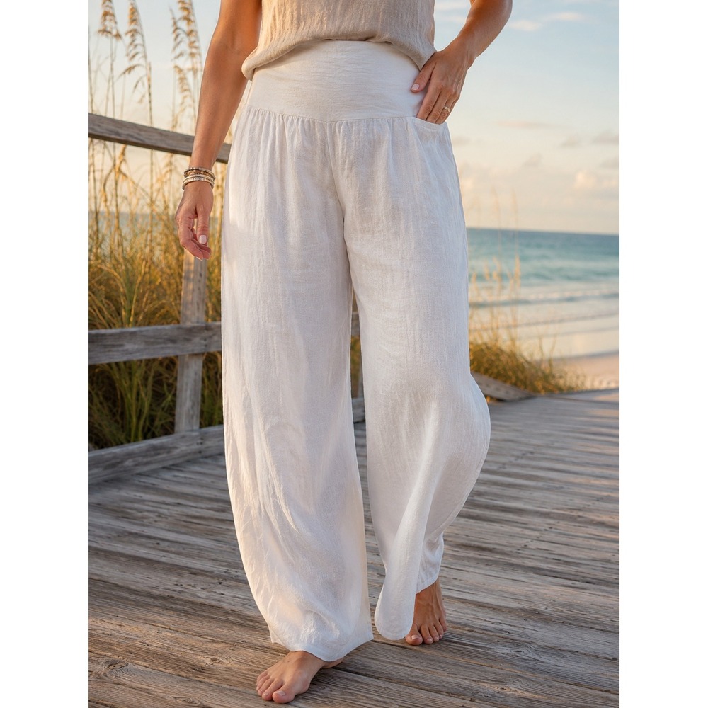 Forcynthia Beachwear White 100% Linen Wide Leg Foldover Waist Beach Pants XL